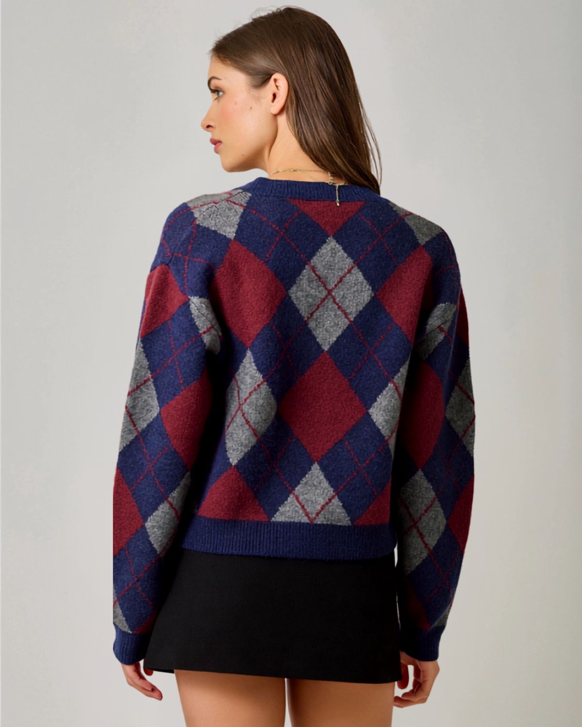 Argyle Cardigan in Navy & Red
