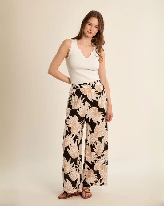 Black & Beige Bold Flower Pants