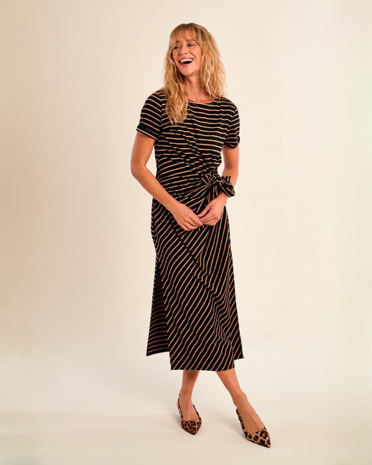 Side Tie Knit Dress in Brown & Black Stripe