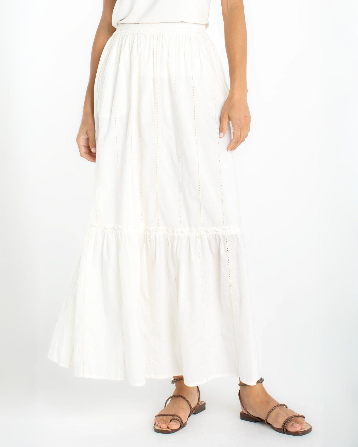 Eyelet Tiered Maxi Skirt in Cream | Liverpool