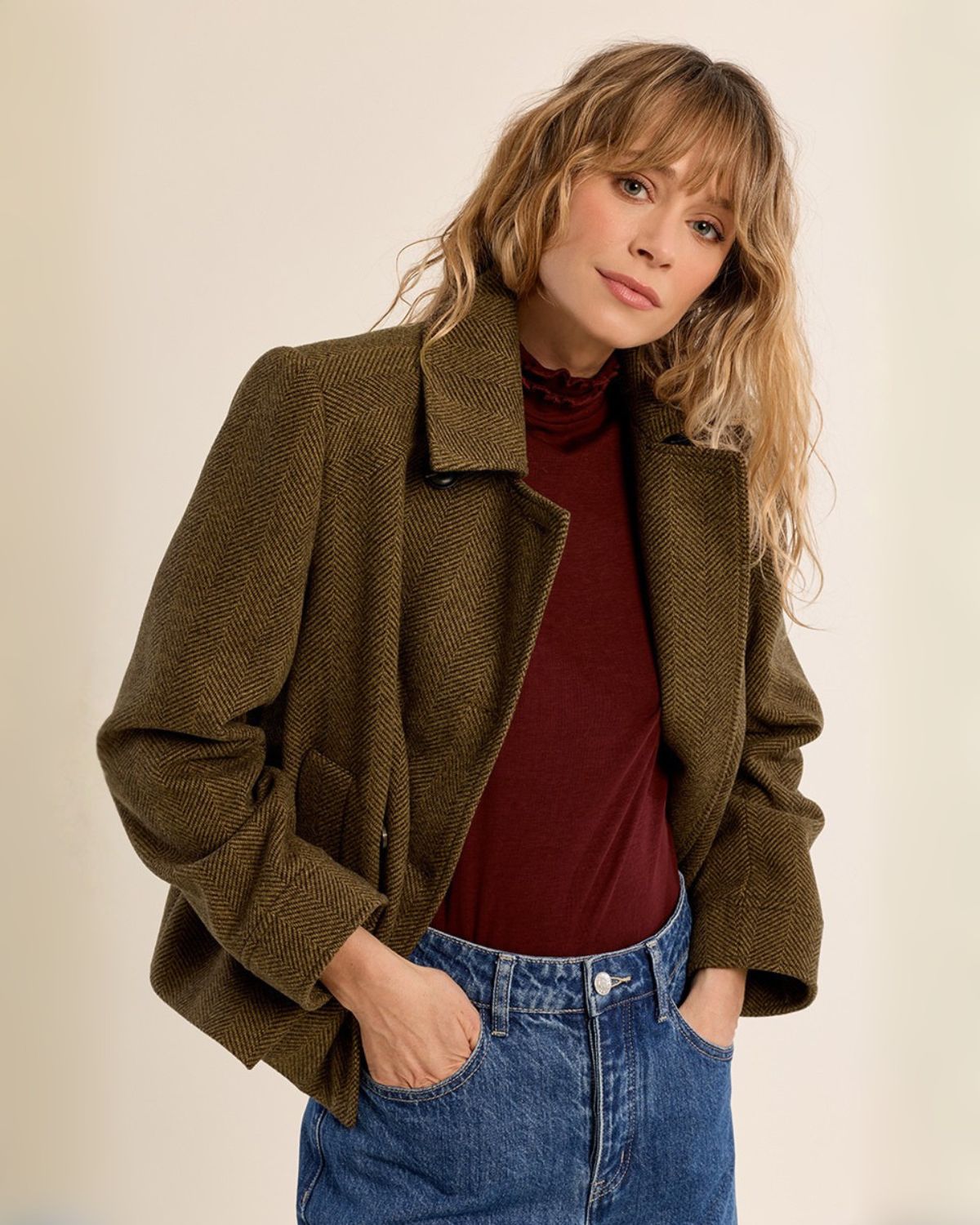 Cropped Herringbone Peacoat in Khaki