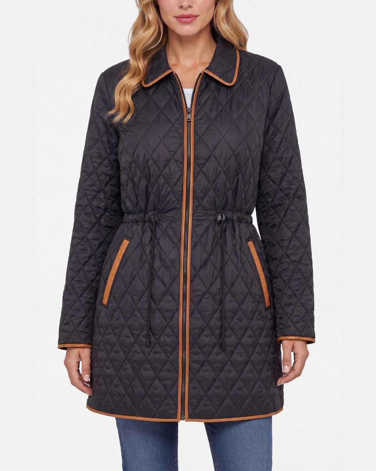 Quilted Jacket with Cinch Waist in Black | Liverpool