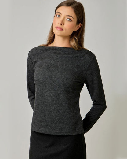 Essential Wool Blend Boat Neck Top in Black