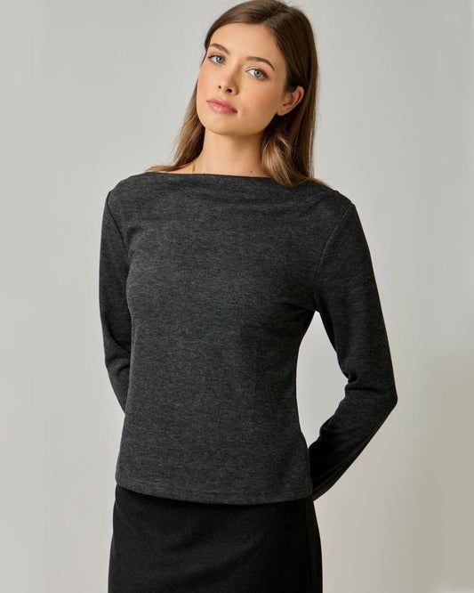 Essential Wool Blend Boat Neck Top in Black