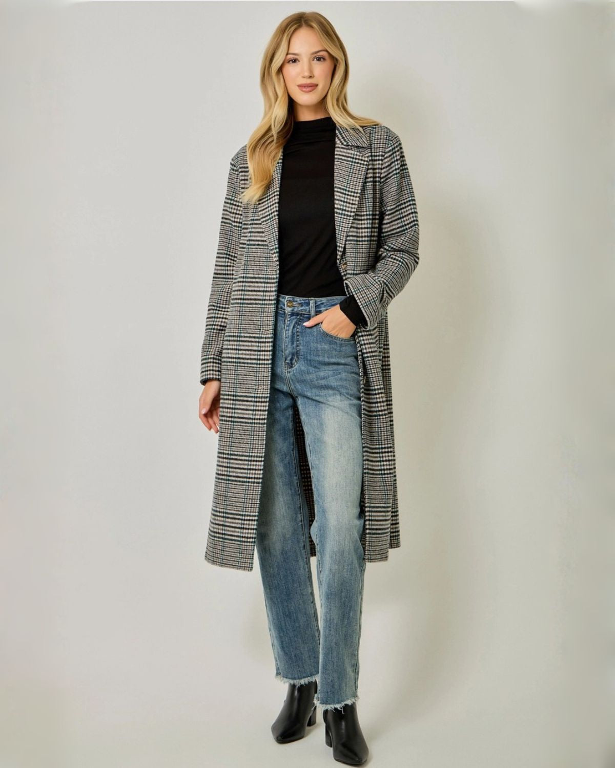 Long Plaid Coat in Charcoal
