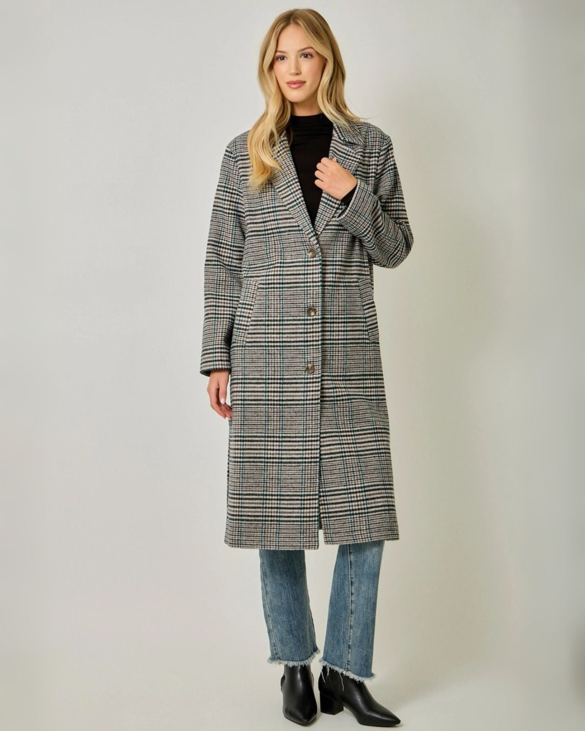 Long Plaid Coat in Charcoal