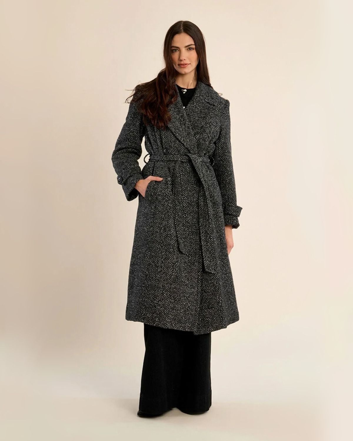 Black Herringbone Long Coat