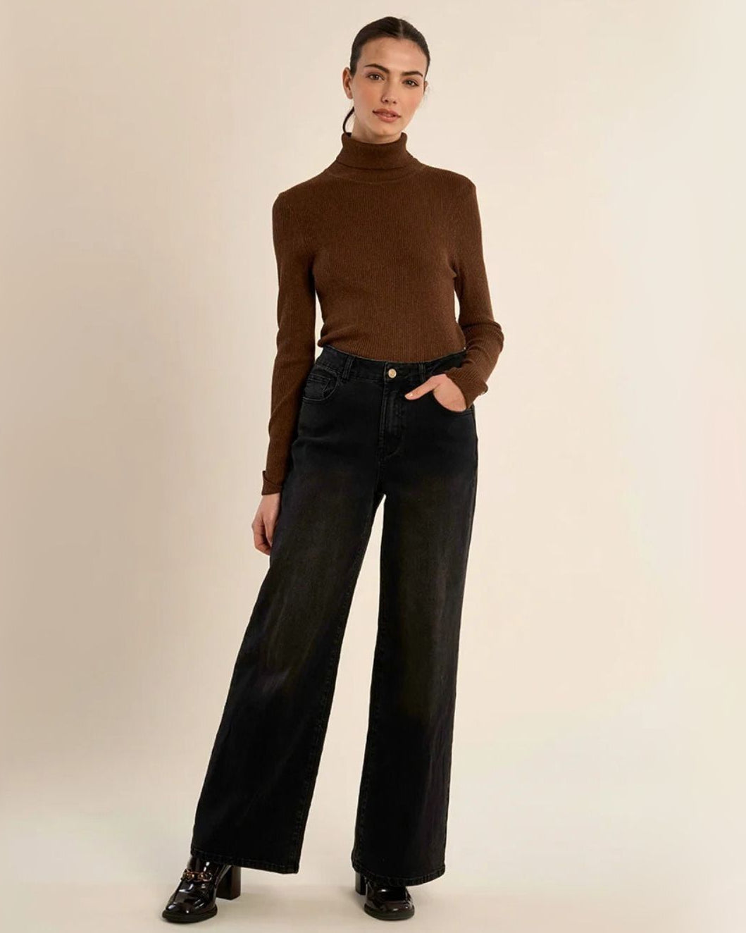 Ribbed Knit Turtleneck Sweater in Chocolate