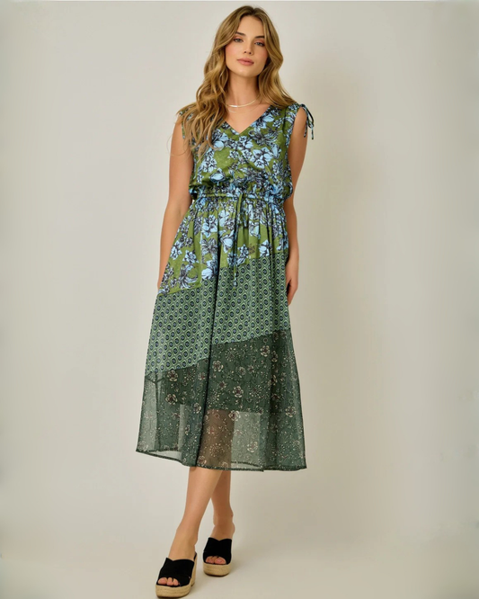 Mixed Print Floral Dress in Emerald