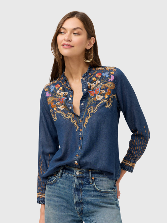 Durago Ruffle Neck Shirt in Denim | Johnny Was