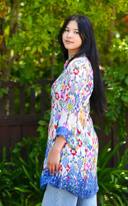 Tosca Button Tunic in White Multi