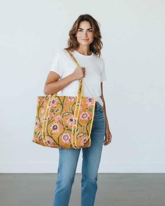 Quilted Cotton Bag in Yellow Floral