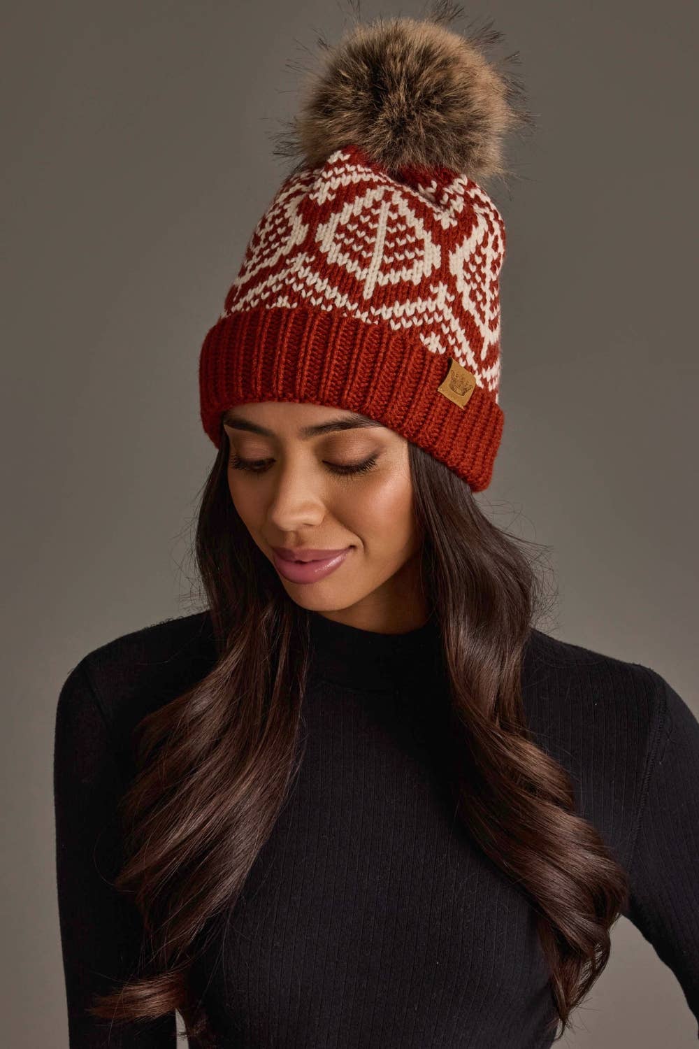 Rust & Beige Patterned Pom Hat