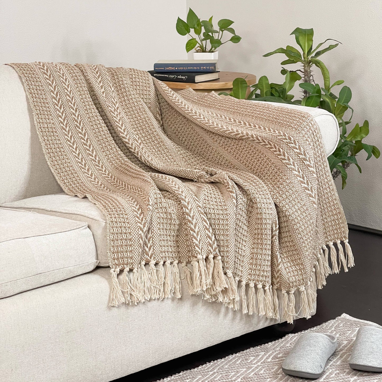 Beige & Ivory Braided Waffle Throw