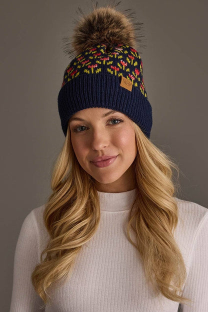 Navy Small Floral Pattern Pom Hat