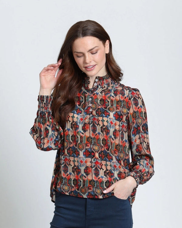 High Collar Blouse in Red Tile Print | APNY