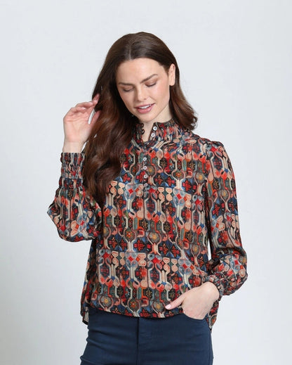 High Collar Blouse in Red Tile Print | APNY