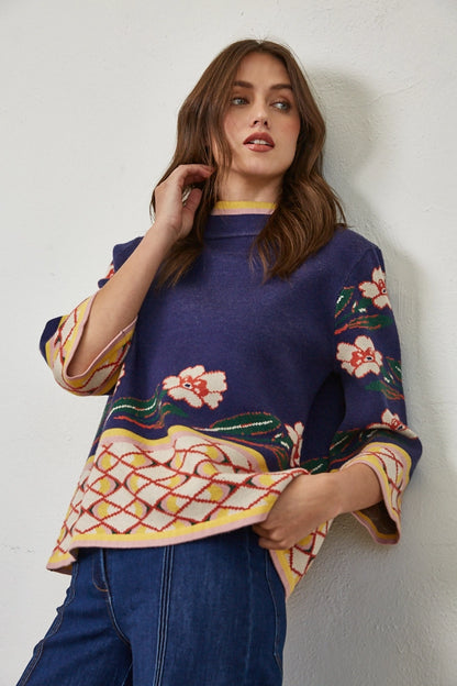 Jacquard Knit Mock Neck Sweater in Navy