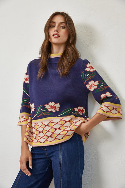 Jacquard Knit Mock Neck Sweater in Navy