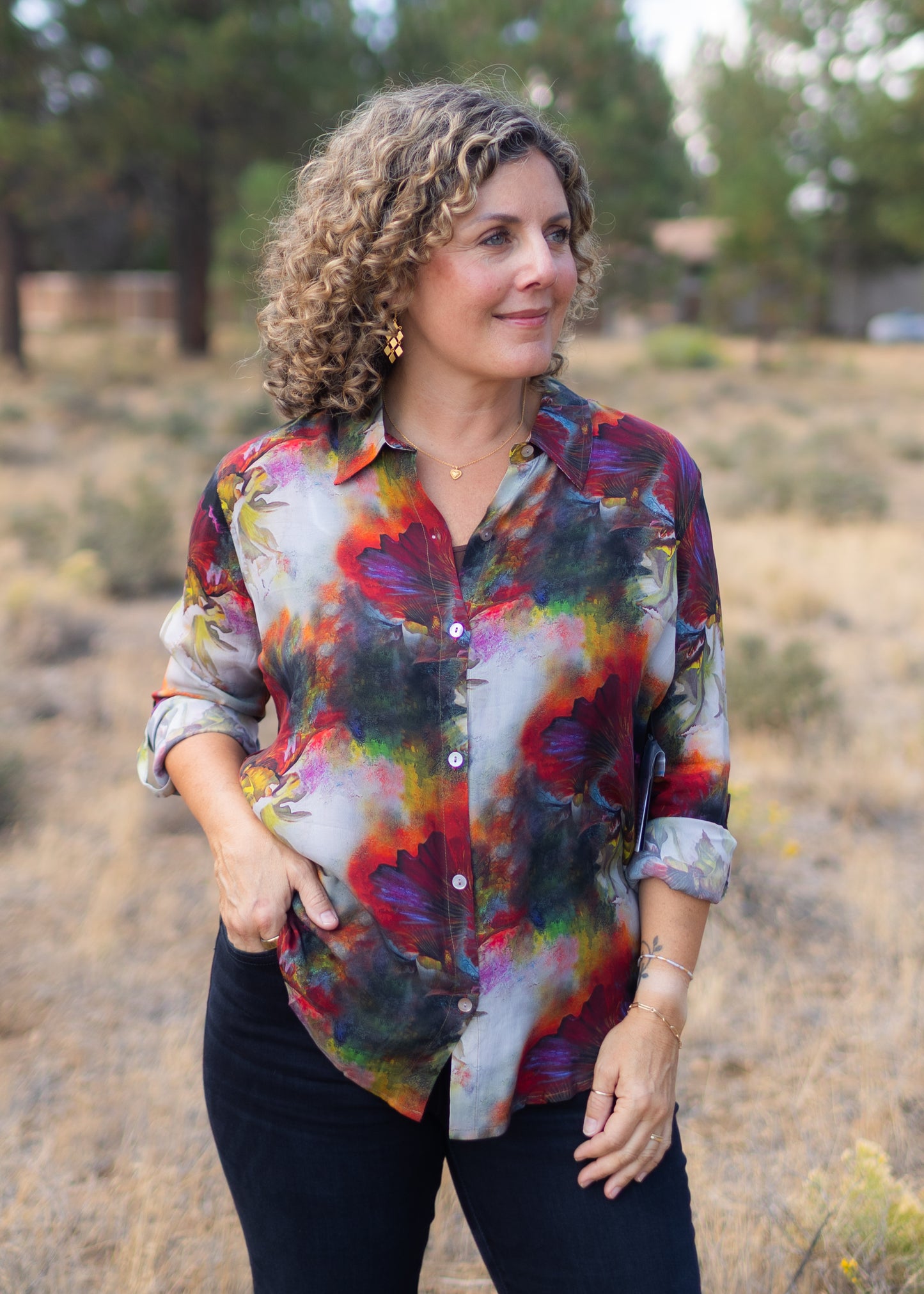 Button-Up Blouse in Burgundy Floral | APNY