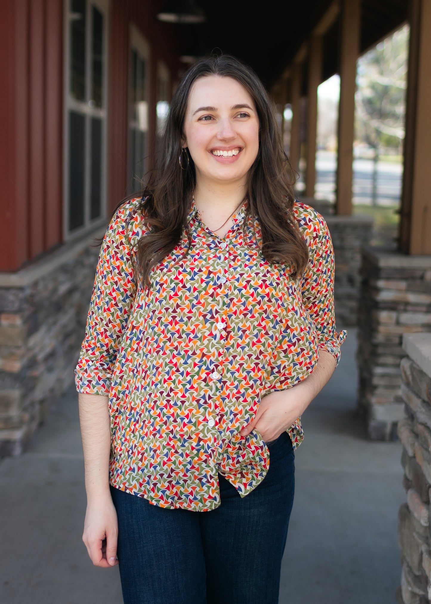 Button-Up Blouse in Multicolor Geo Print | APNY