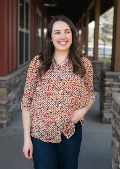 Button-Up Blouse in Multicolor Geo Print | APNY