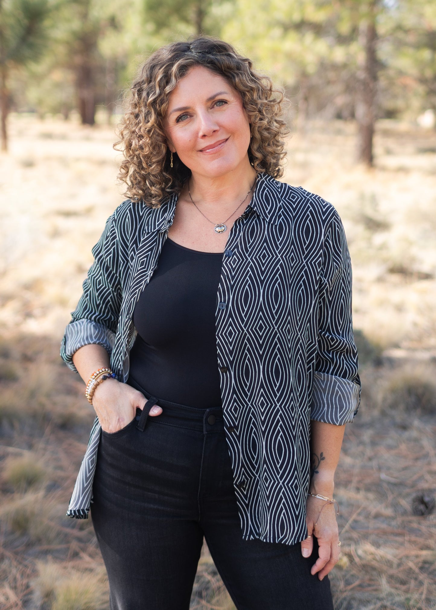 Button-Up Blouse in Black & White Geo | APNY