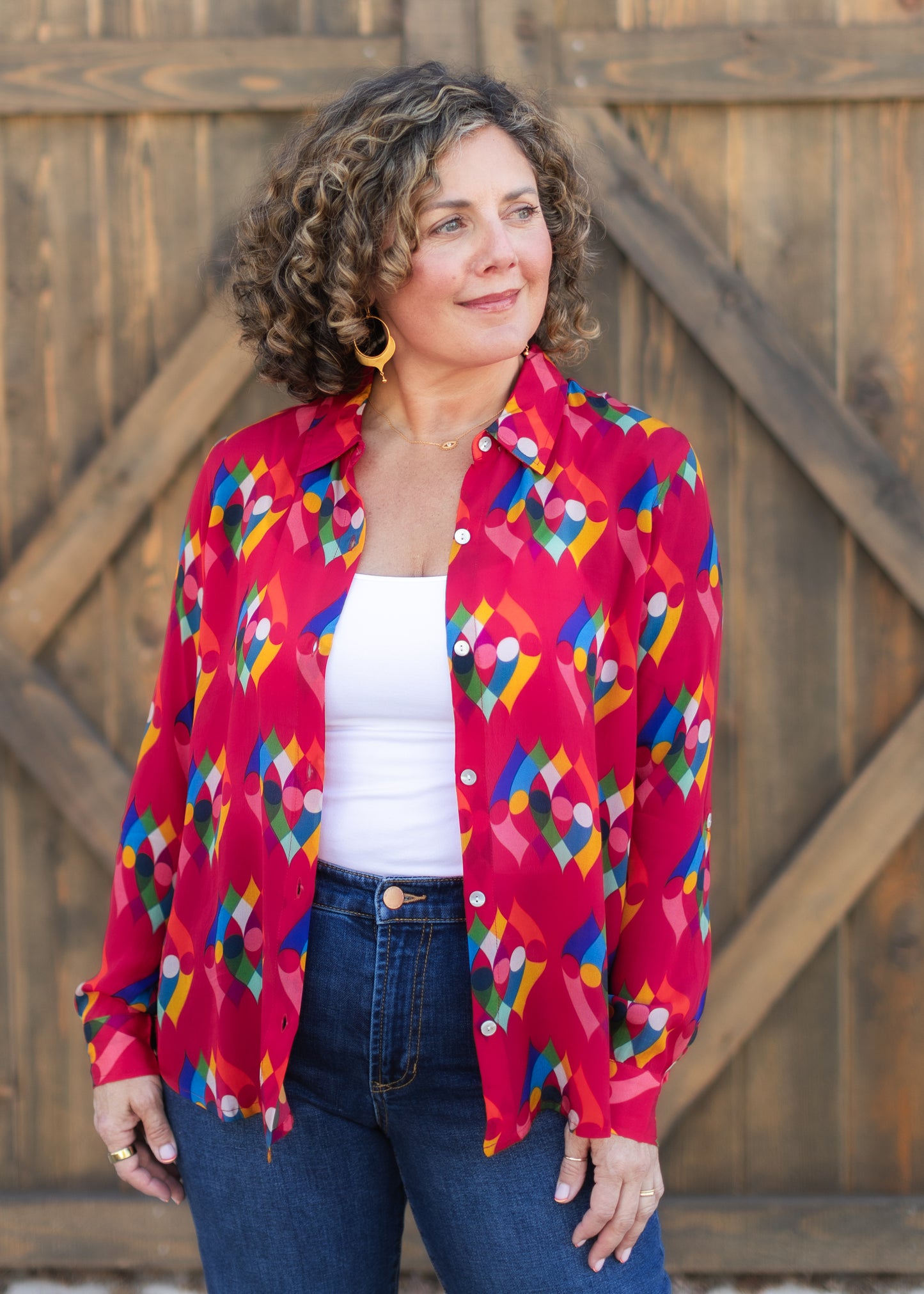 Button-Up Blouse in Red Kaleidoscope Print | APNY