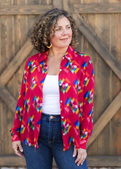 Button-Up Blouse in Red Kaleidoscope Print | APNY