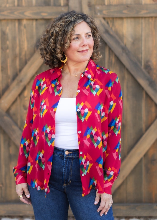 Button-Up Blouse in Red Kaleidoscope Print | APNY