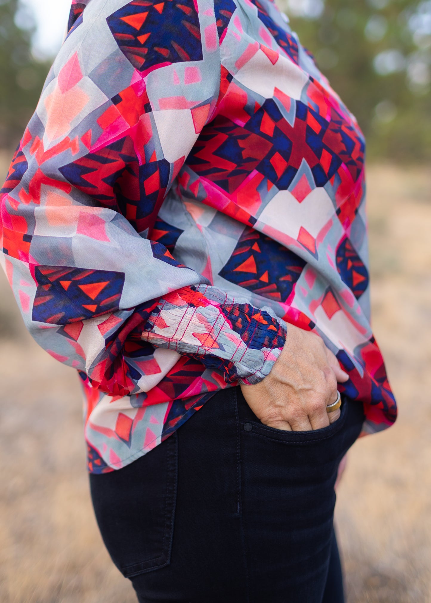 High Collar Blouse in Red Geo Print | APNY