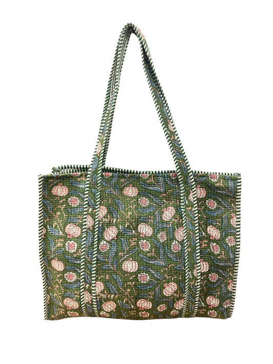 Quilted Cotton Bag in Green & Blue Floral