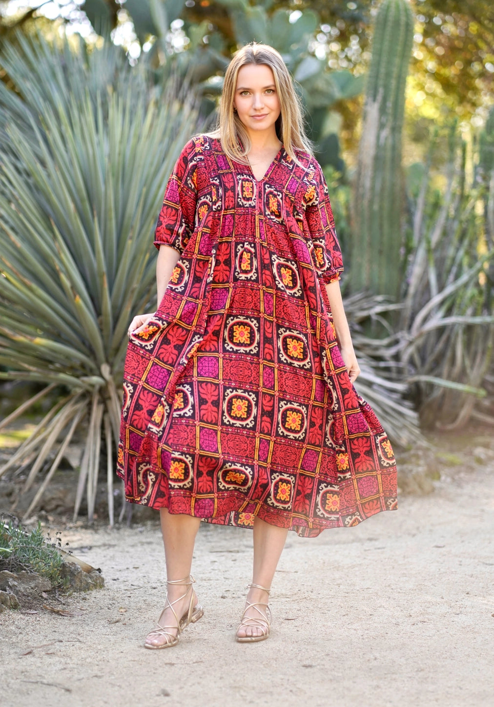 Skye Cotton Dress in Red Geo Print