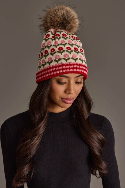 Cream, Red & Pink Floral Pattern Pom Hat