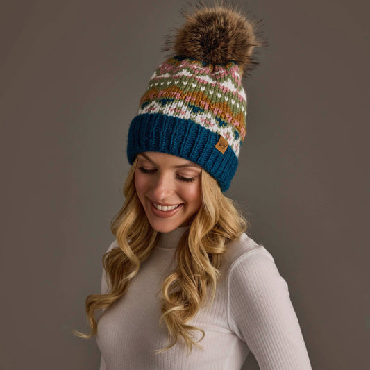 Blue, Green, Pink & Brown Patterned Pom Hat