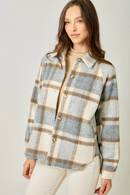 Brushed Shirt Jacket in Blue & Cream Plaid