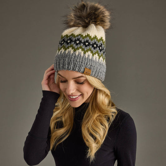 Cream, Green, & Gray Patterned Pom Hat