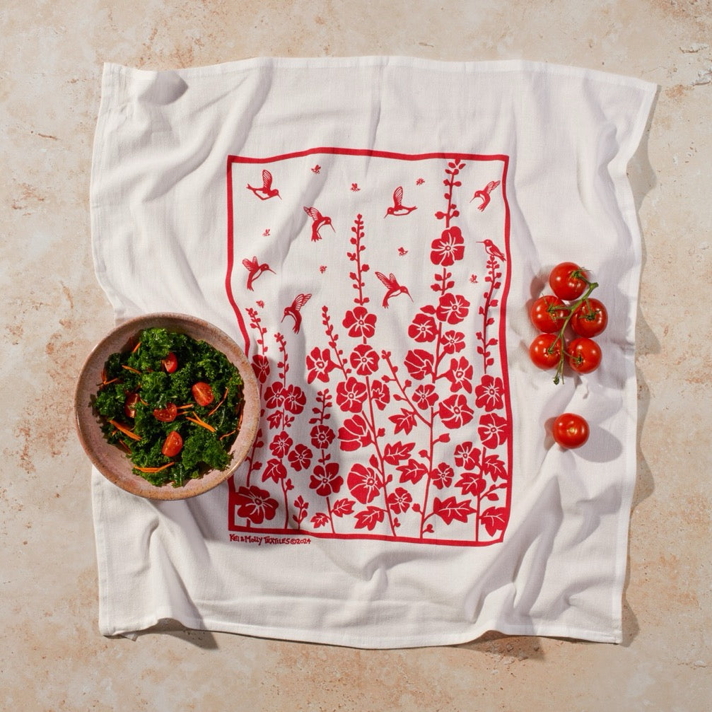 Raspberry Hummingbirds Flour Sack Tea Towel