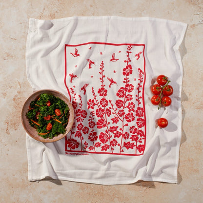 Raspberry Hummingbirds Flour Sack Tea Towel