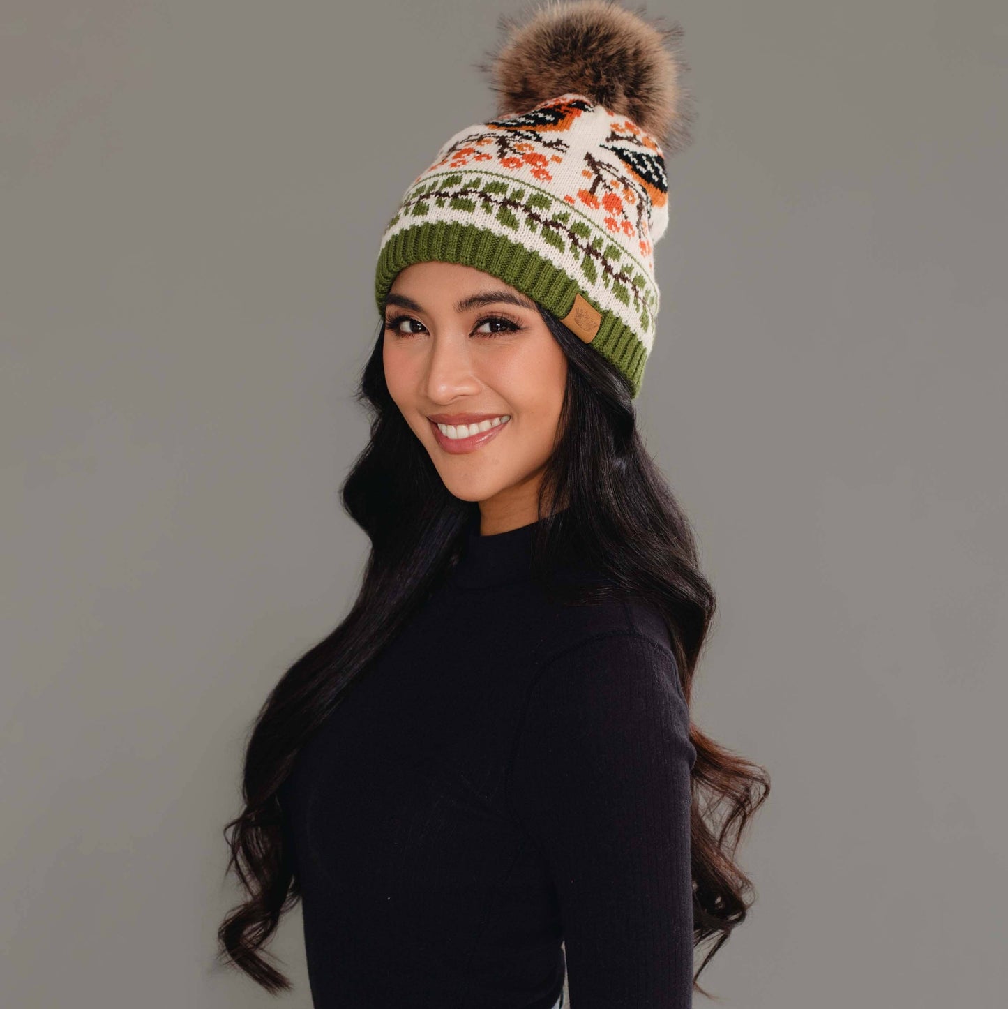 Olive & Cream Bird Pattern Pom Hat