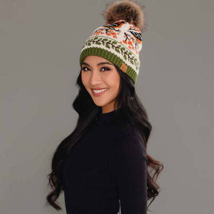 Olive & Cream Bird Pattern Pom Hat