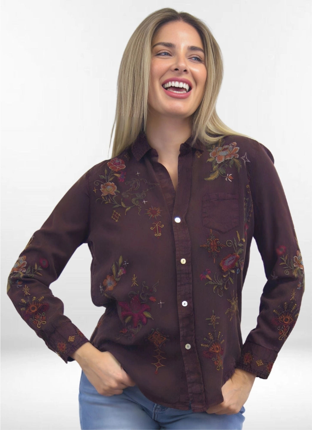 Amara Embroidred Shirt in Oxblood | Caite