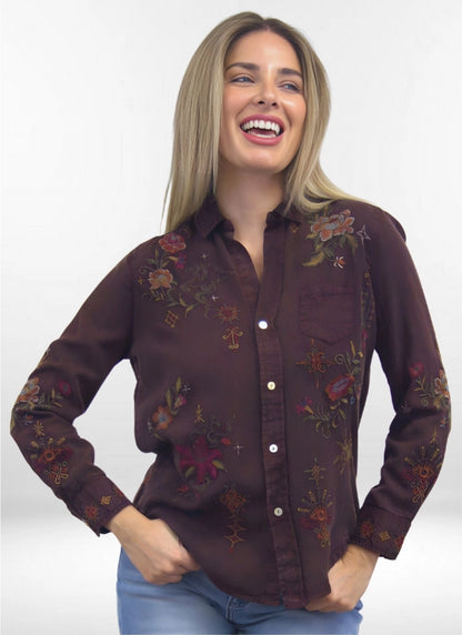 Amara Embroidred Shirt in Oxblood | Caite