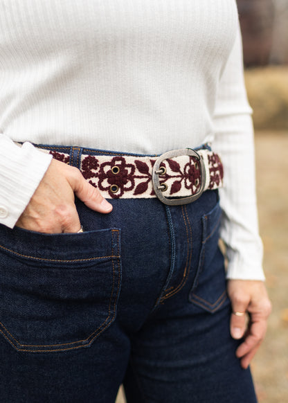 Maroon & White Embroidered Belt