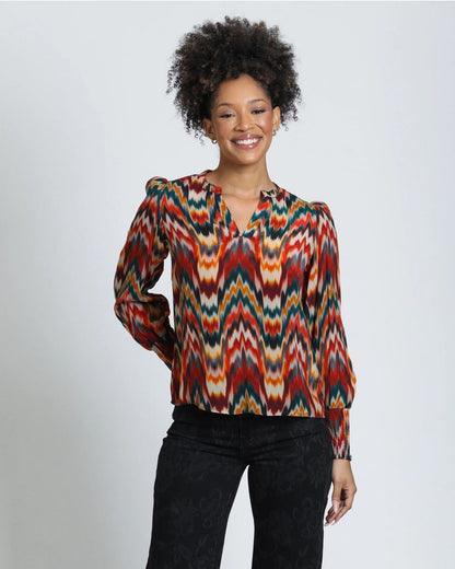 Split Neck Blouse in Multi Zig Zag Print | APNY