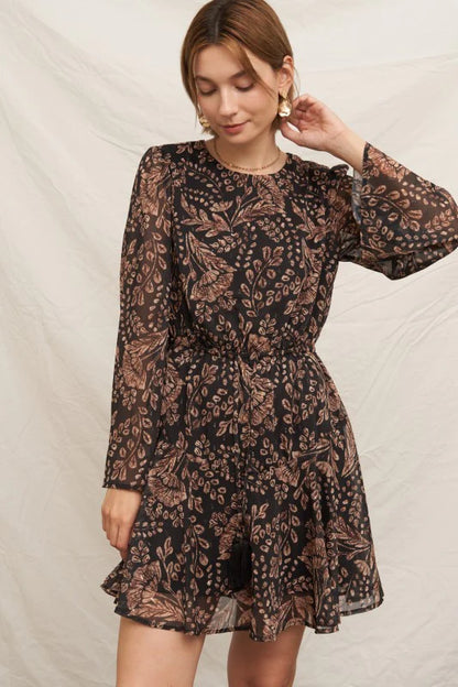Paisley Bell Sleeve Dress in Black