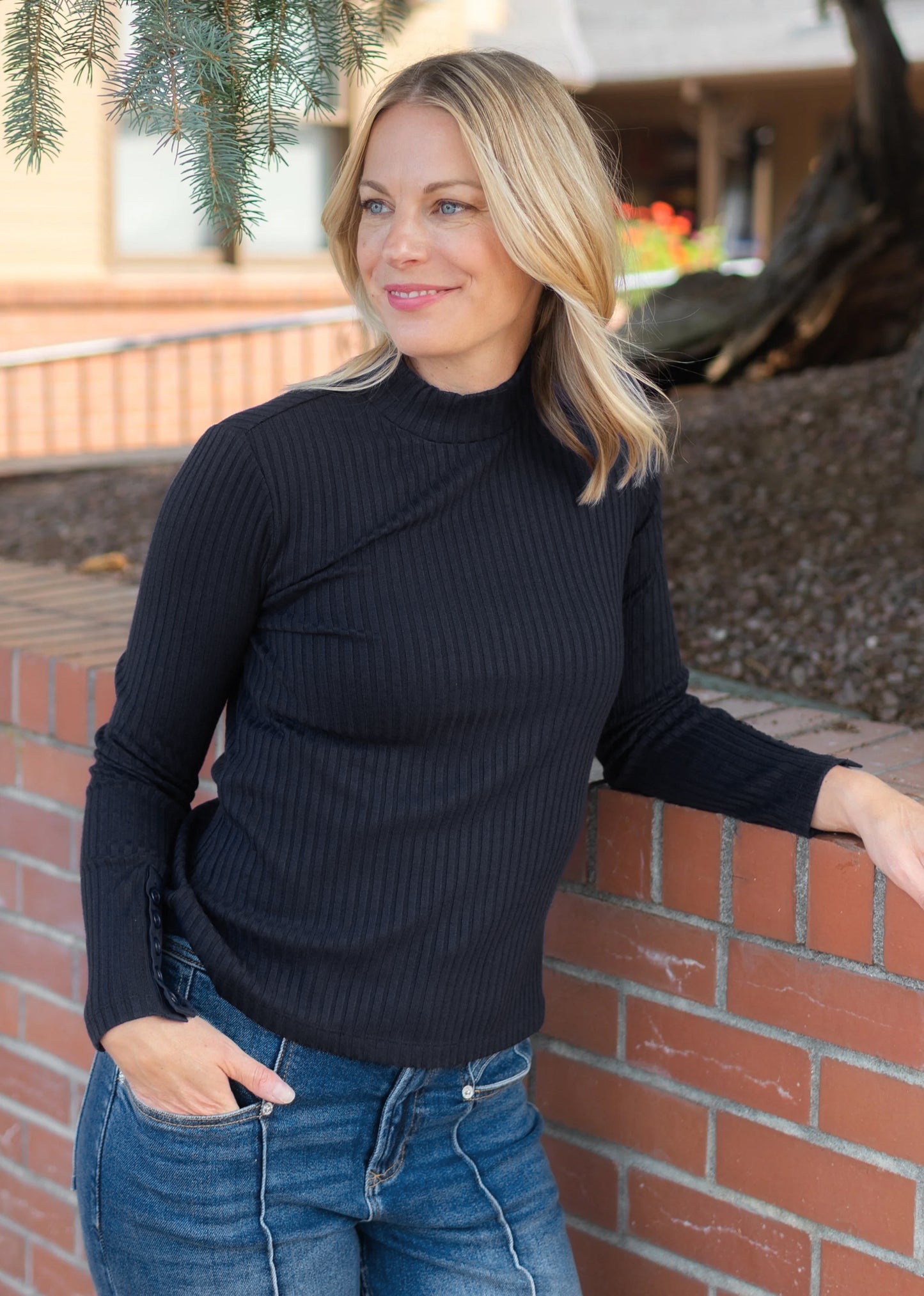 Long Sleeve Mock Rib Top in Black | Liverpool