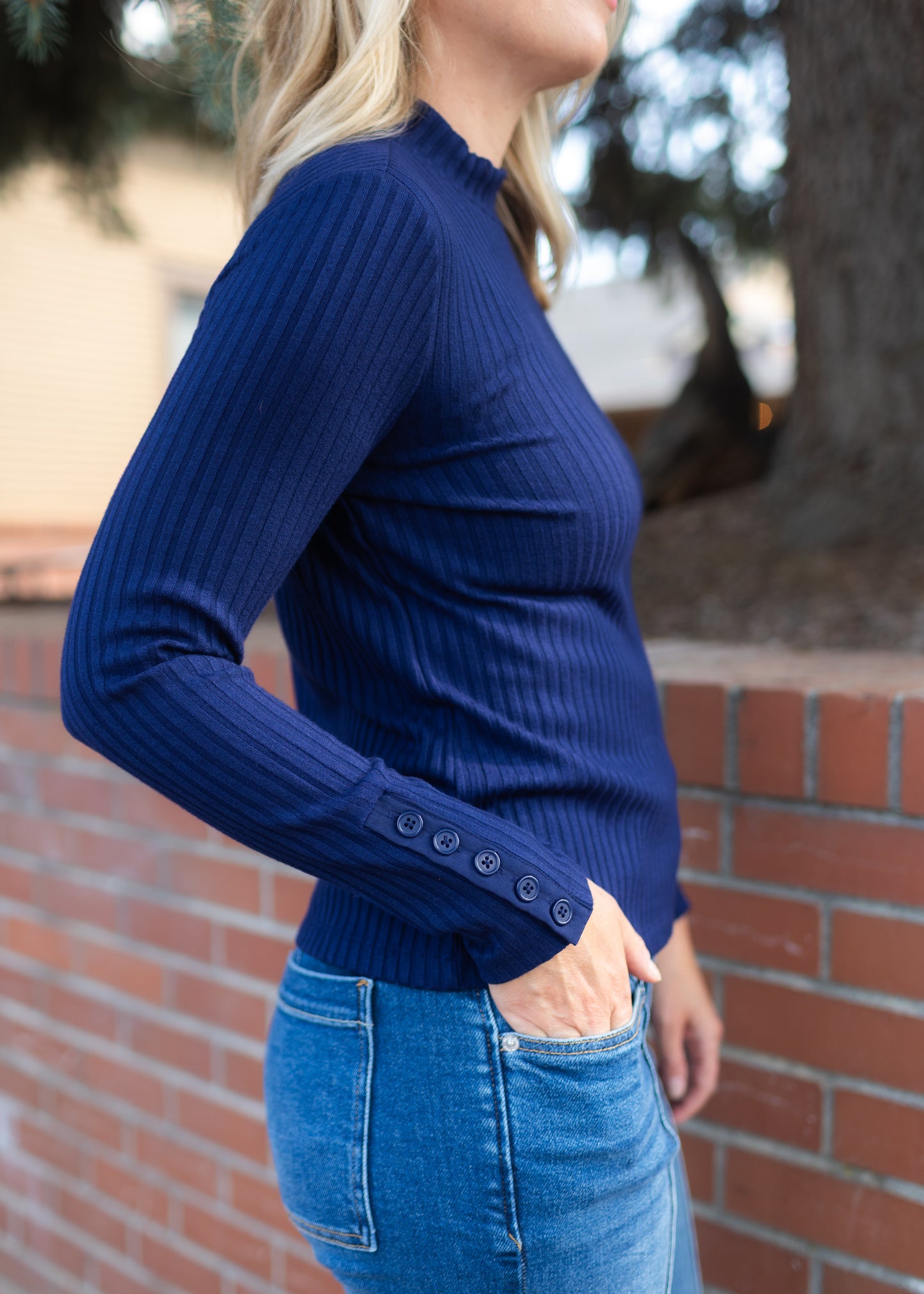Long Sleeve Mock Rib Top in Navy | Liverpool