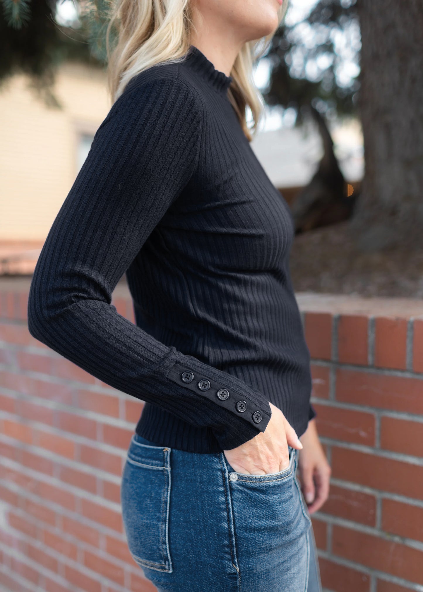 Long Sleeve Mock Rib Top in Black | Liverpool