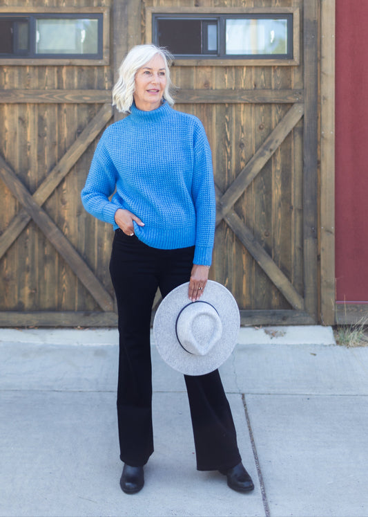 Waffle Knit Turtleneck Sweater in Blue